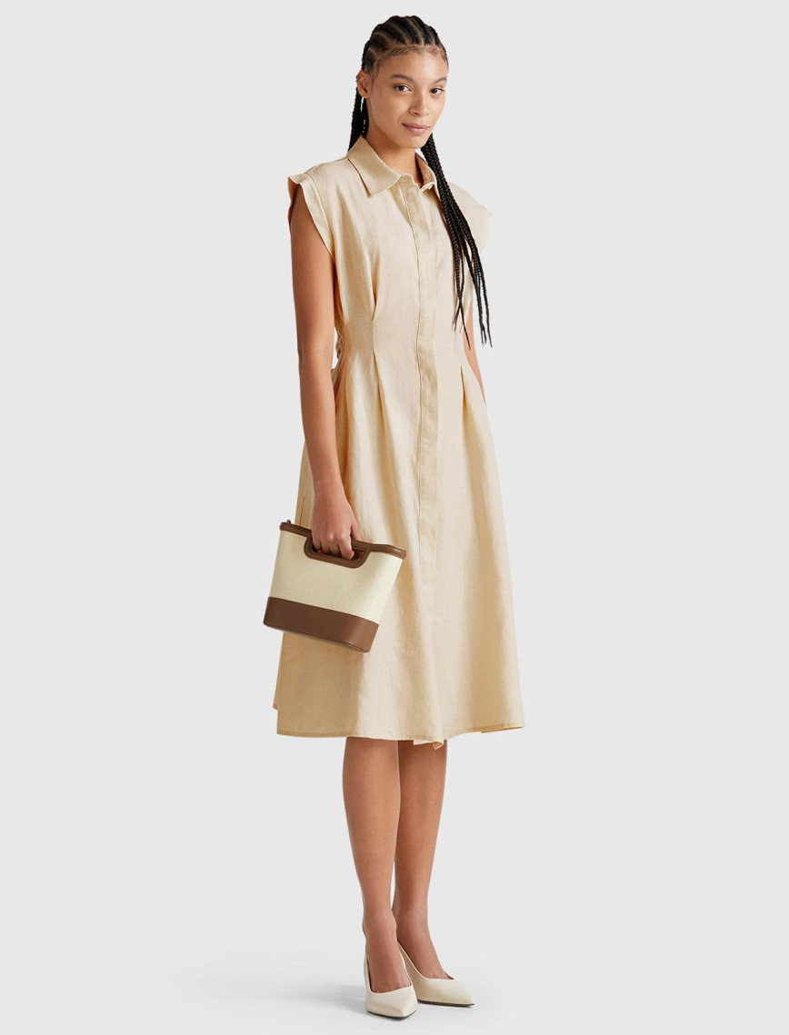 Kadın Taş Rengi %100 Keten Pileli Çıkarılabilir Kuşaklı Gömlek Elbise