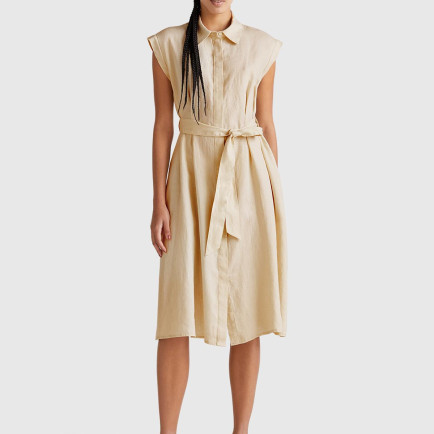 Kadın Taş Rengi %100 Keten Pileli Çıkarılabilir Kuşaklı Gömlek Elbise Kadın Taş Rengi %100 Keten Pileli Çıkarılabilir Kuşaklı Gömlek Elbise