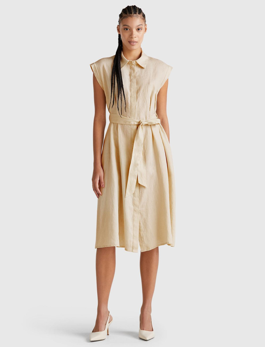 Kadın Taş Rengi %100 Keten Pileli Çıkarılabilir Kuşaklı Gömlek Elbise