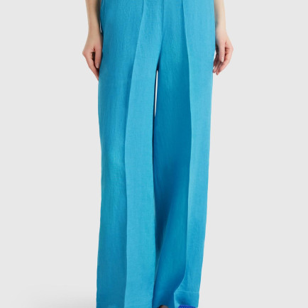Kadın Mavi %100 Keten Yan Cepli Arka Beli Lastikli Palazzo Pantolon