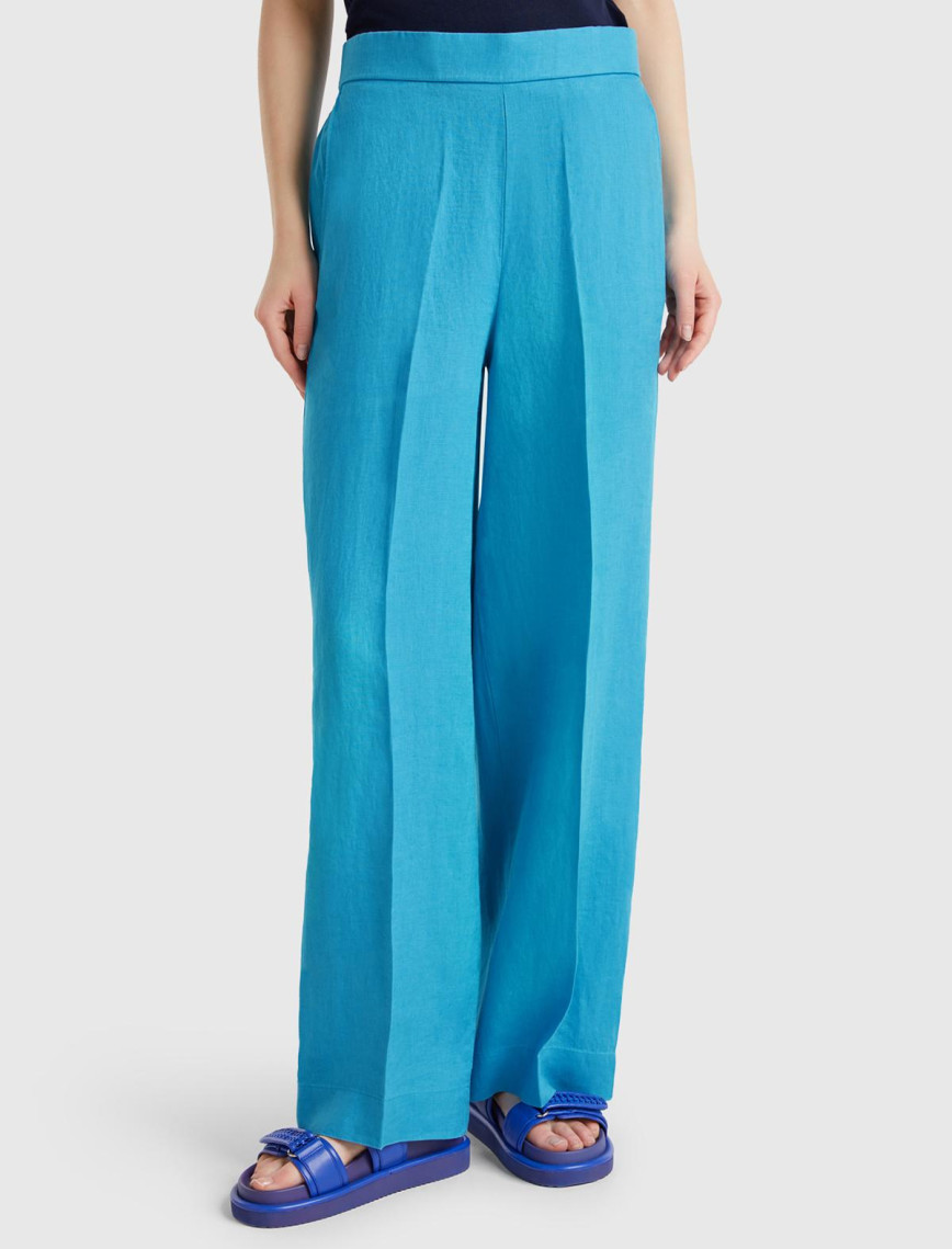 Kadın Denim %100 Keten Yan Cepli Arka Beli Lastikli Palazzo Pantolon Kadın Denim %100 Keten Yan Cepli Arka Beli Lastikli Palazzo Pantolon