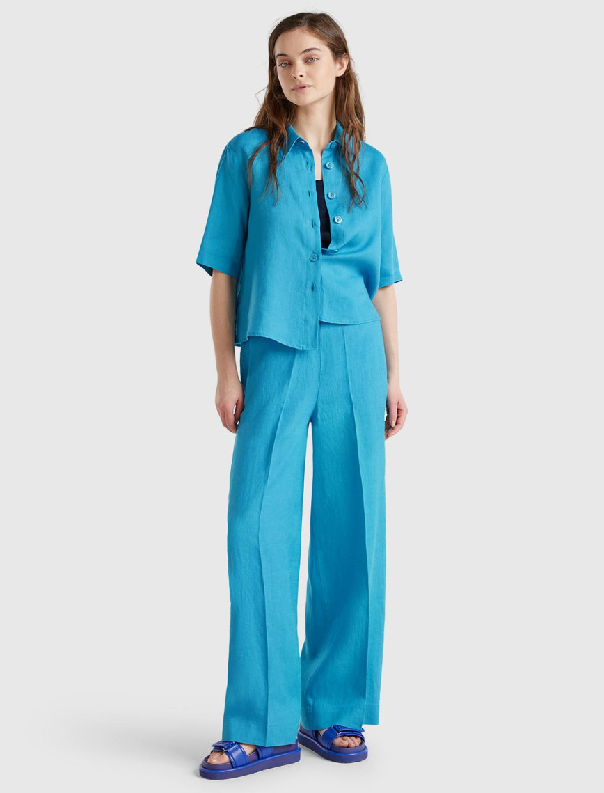 Kadın Mavi %100 Keten Yan Cepli Arka Beli Lastikli Palazzo Pantolon Kadın Mavi %100 Keten Yan Cepli Arka Beli Lastikli Palazzo Pantolon