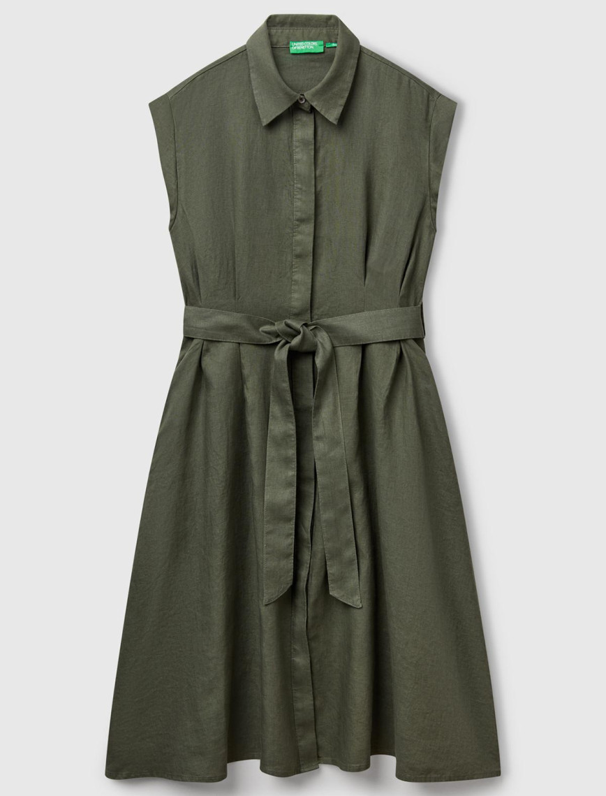 Kadın Haki %100 Keten Pileli Çıkarılabilir Kuşaklı Gömlek Elbise