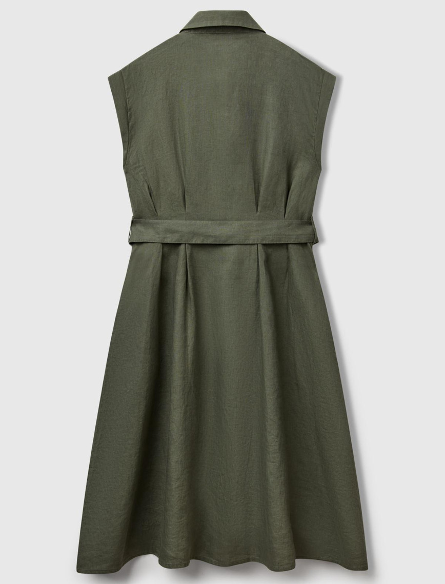 Kadın Haki %100 Keten Pileli Çıkarılabilir Kuşaklı Gömlek Elbise