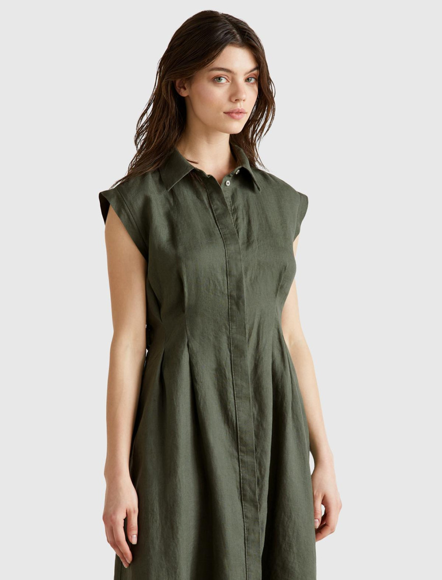 Kadın Haki %100 Keten Pileli Çıkarılabilir Kuşaklı Gömlek Elbise