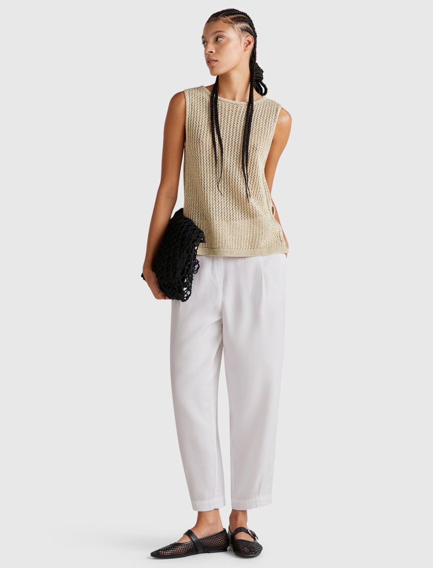 Kadın Beyaz %100 Liyosel Beli Lastikli Balon Fit Pantolon