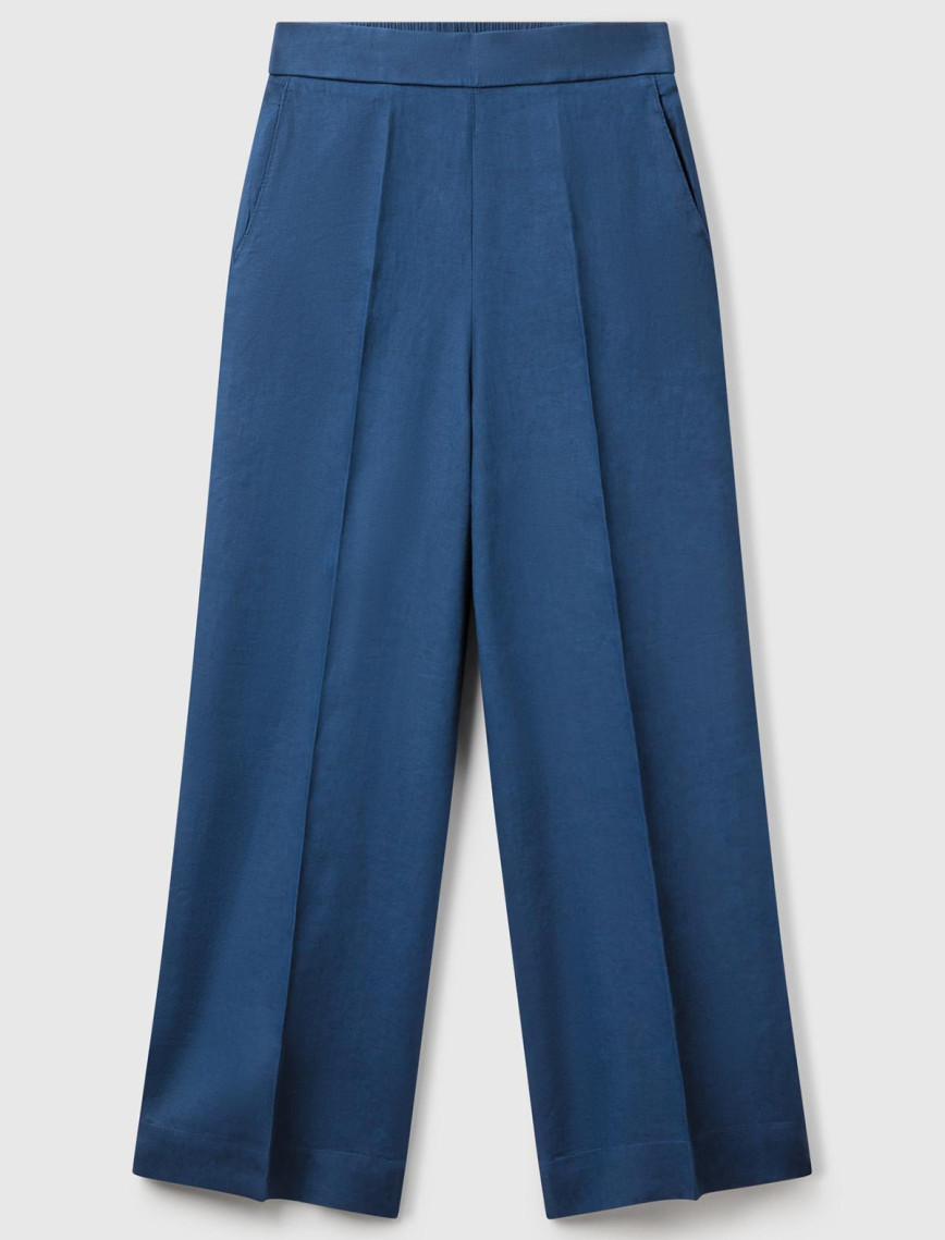 Kadın Denim %100 Keten Yan Cepli Arka Beli Lastikli Palazzo Pantolon Kadın Denim %100 Keten Yan Cepli Arka Beli Lastikli Palazzo Pantolon