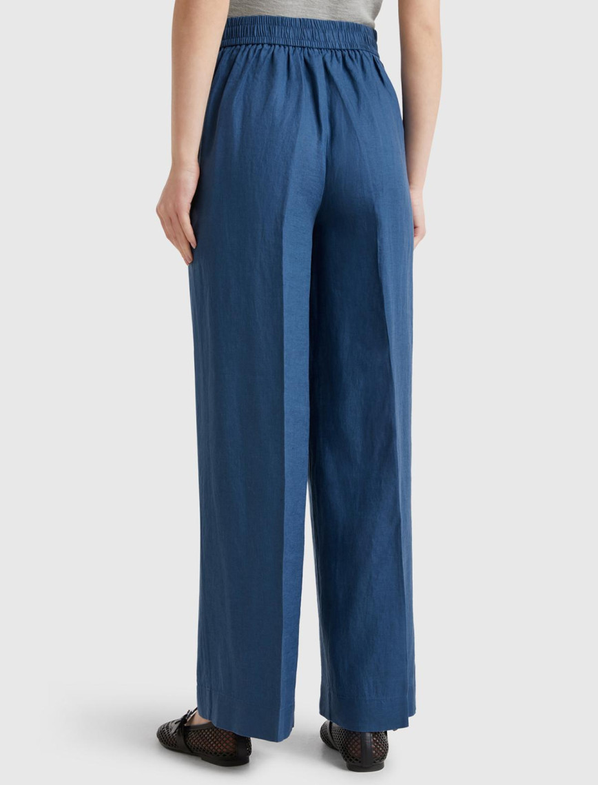 Kadın Denim %100 Keten Yan Cepli Arka Beli Lastikli Palazzo Pantolon Kadın Denim %100 Keten Yan Cepli Arka Beli Lastikli Palazzo Pantolon