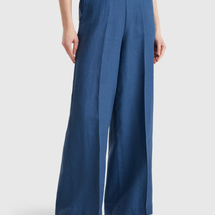 Kadın Denim %100 Keten Yan Cepli Arka Beli Lastikli Palazzo Pantolon Kadın Denim %100 Keten Yan Cepli Arka Beli Lastikli Palazzo Pantolon