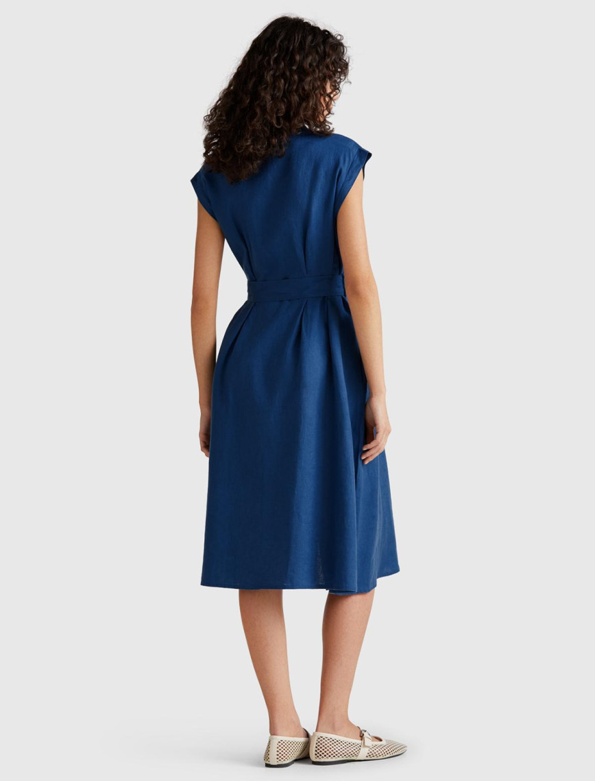 Kadın Denim %100 Keten Pileli Çıkarılabilir Kuşaklı Gömlek Elbise