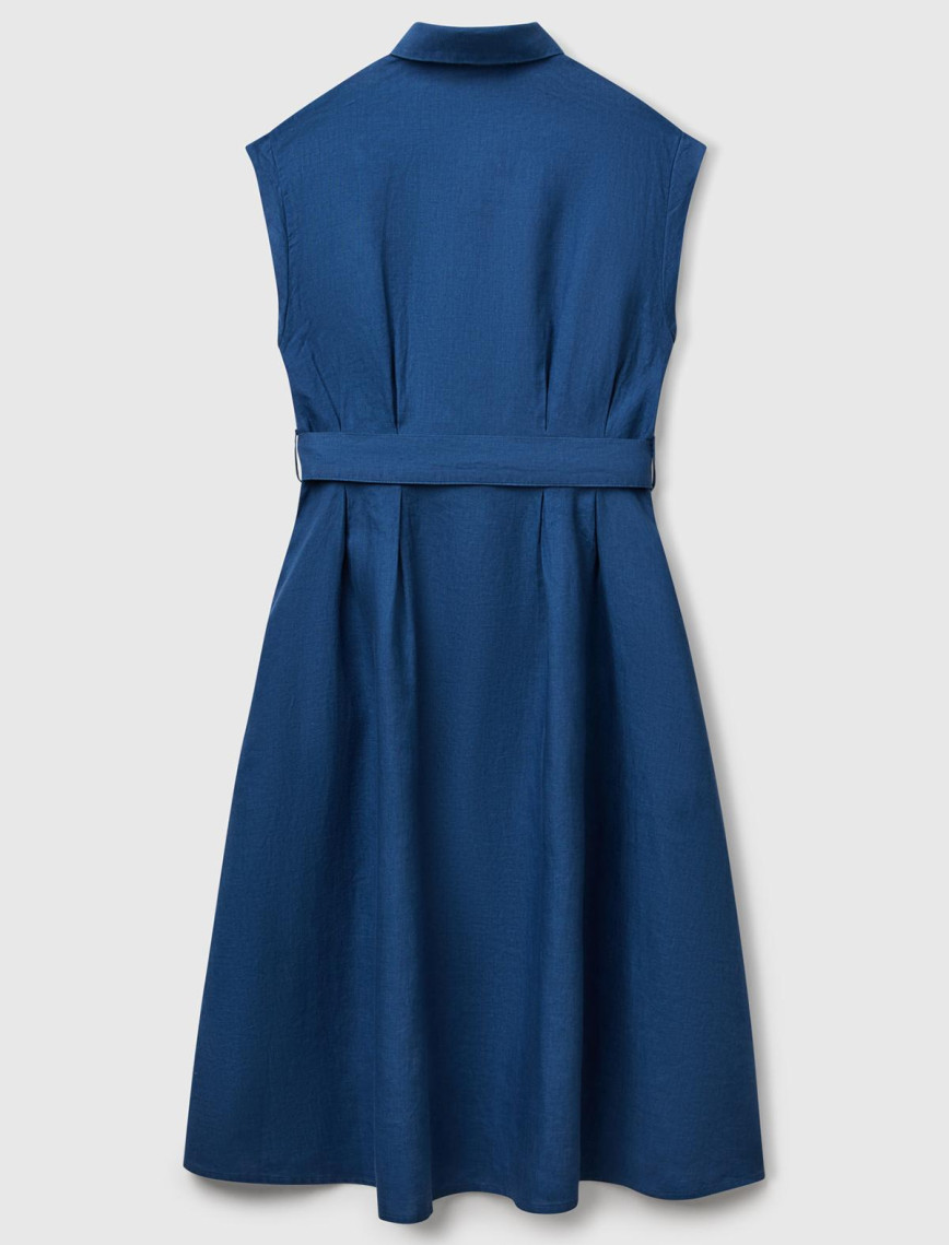 Kadın Denim %100 Keten Pileli Çıkarılabilir Kuşaklı Gömlek Elbise