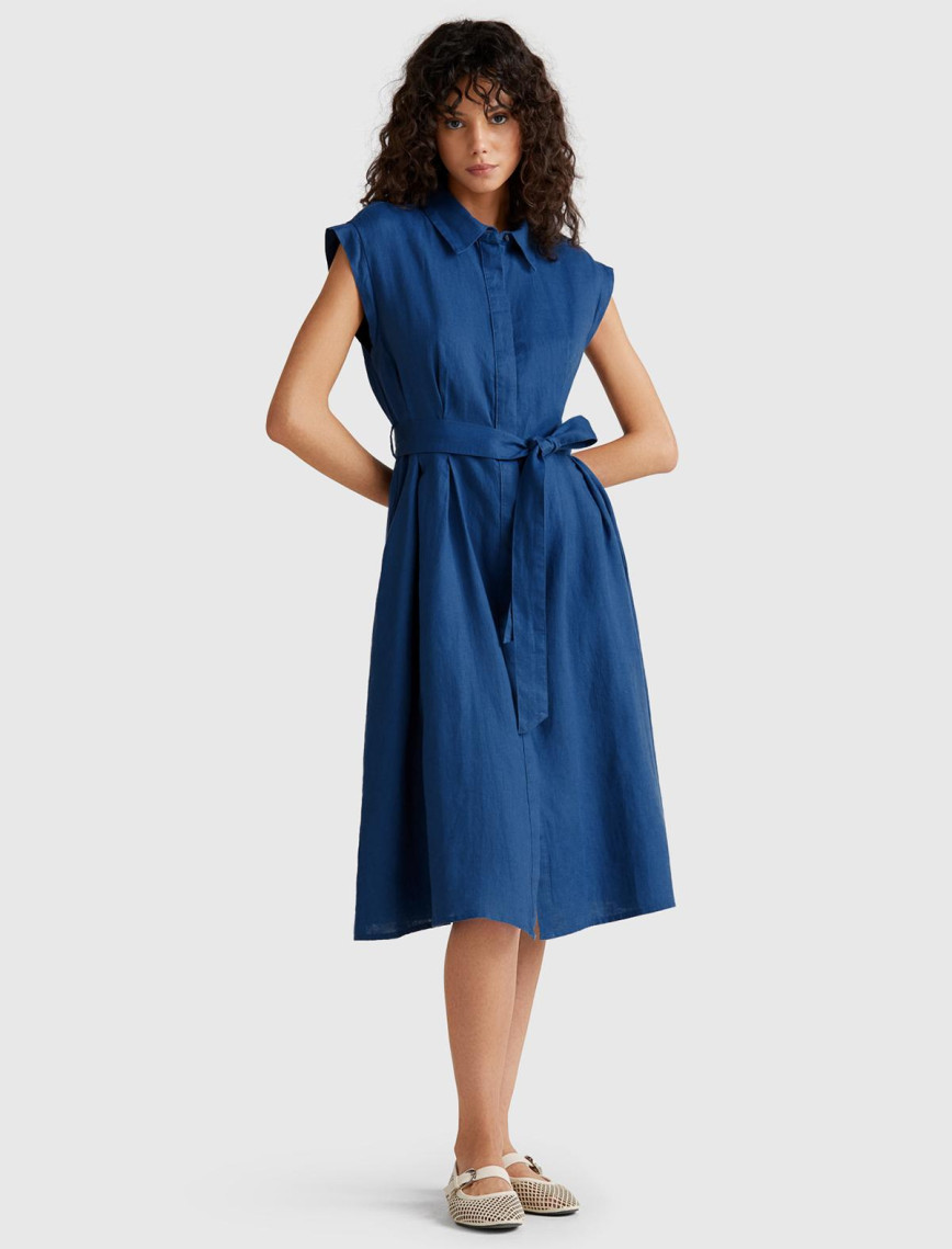 Kadın Taş Rengi %100 Keten Pileli Çıkarılabilir Kuşaklı Gömlek Elbise