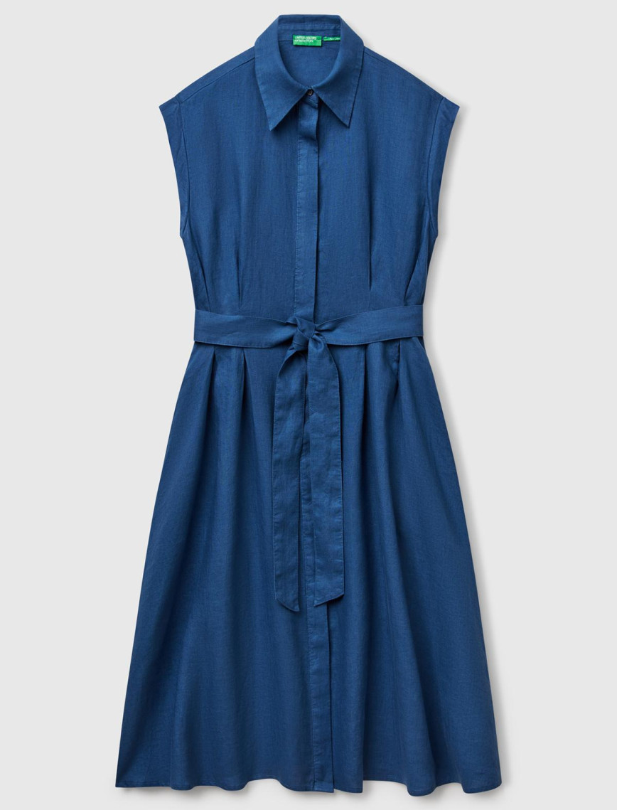 Kadın Denim %100 Keten Pileli Çıkarılabilir Kuşaklı Gömlek Elbise