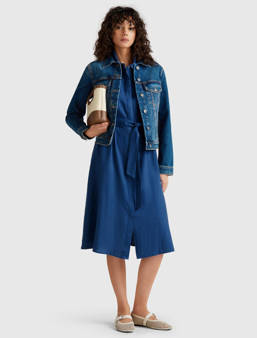 Kadın Denim %100 Keten Pileli Çıkarılabilir Kuşaklı Gömlek Elbise