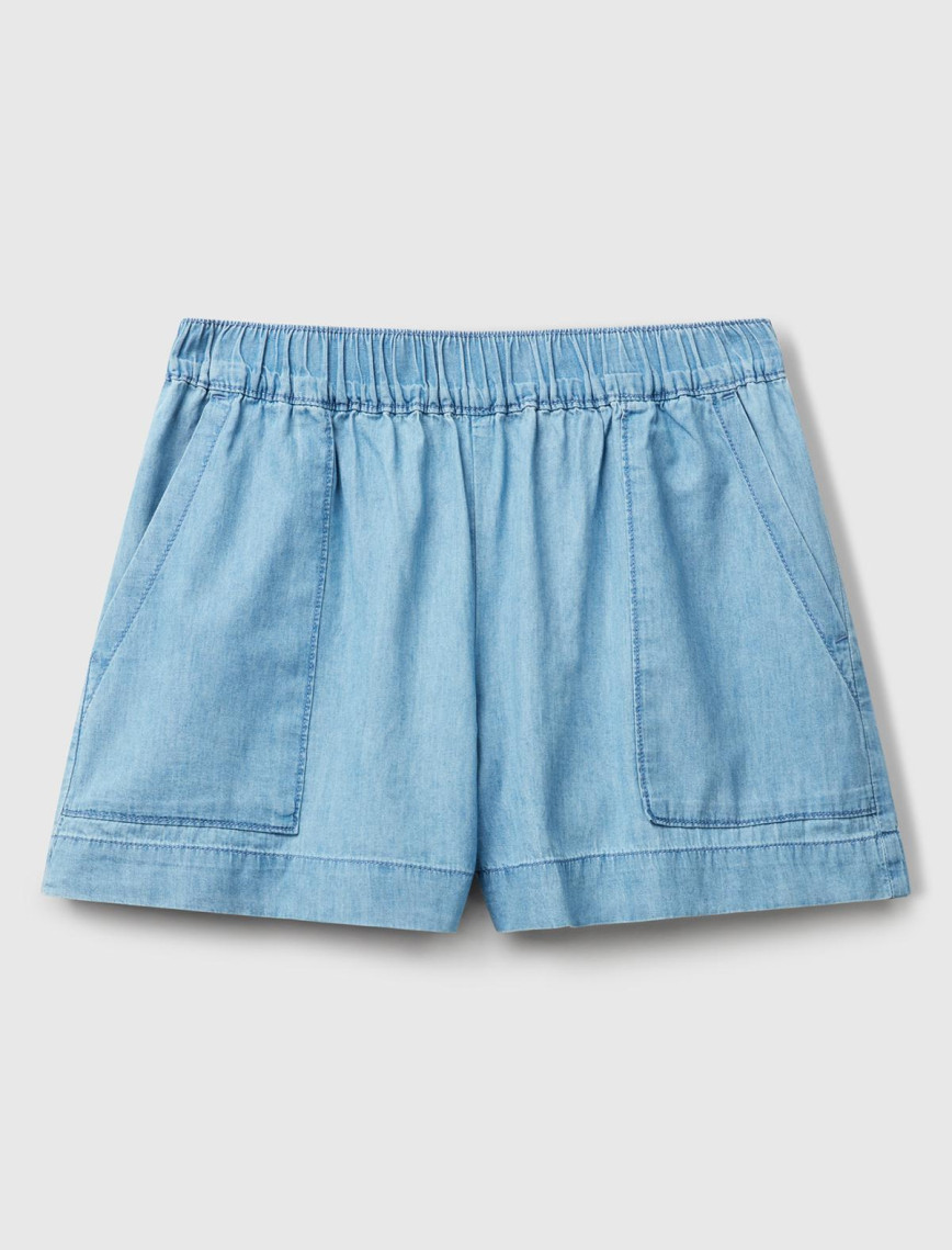 Kadın Açık Mavi %100 Koton Beli Lastikli Şamre Mini Şort Kadın Açık Mavi %100 Koton Beli Lastikli Şamre Mini Şort