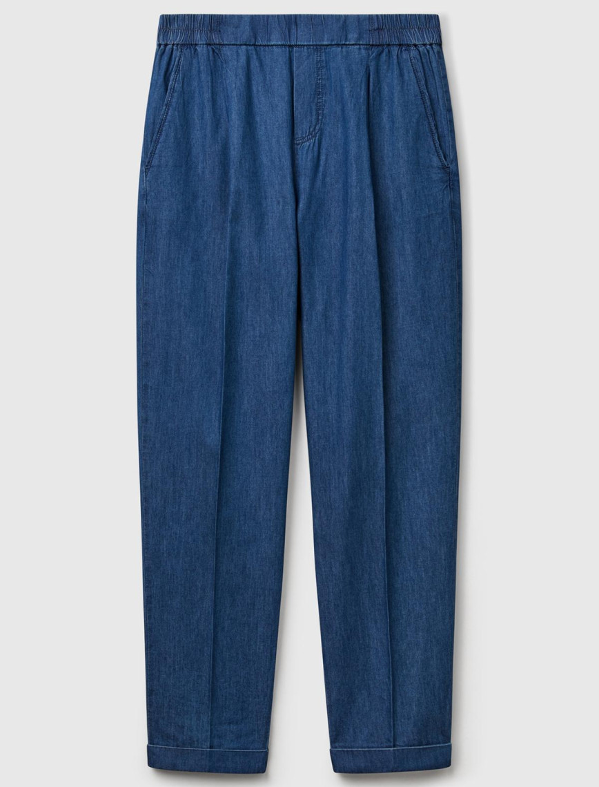 Kadın Koyu Mavi %100 Koton Beli Lastikli Şamre Pantolon Kadın Koyu Mavi %100 Koton Beli Lastikli Şamre Pantolon