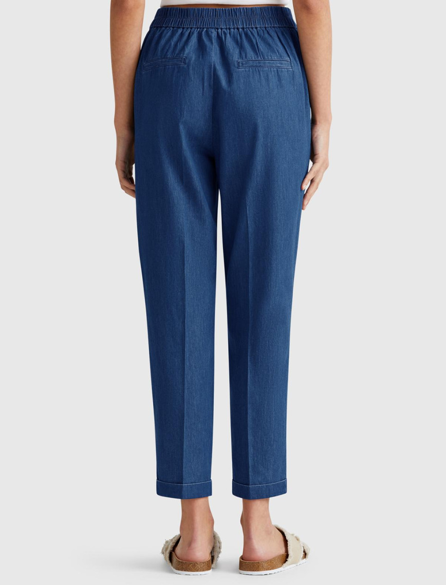 Kadın Koyu Mavi %100 Koton Beli Lastikli Şamre Pantolon Kadın Koyu Mavi %100 Koton Beli Lastikli Şamre Pantolon