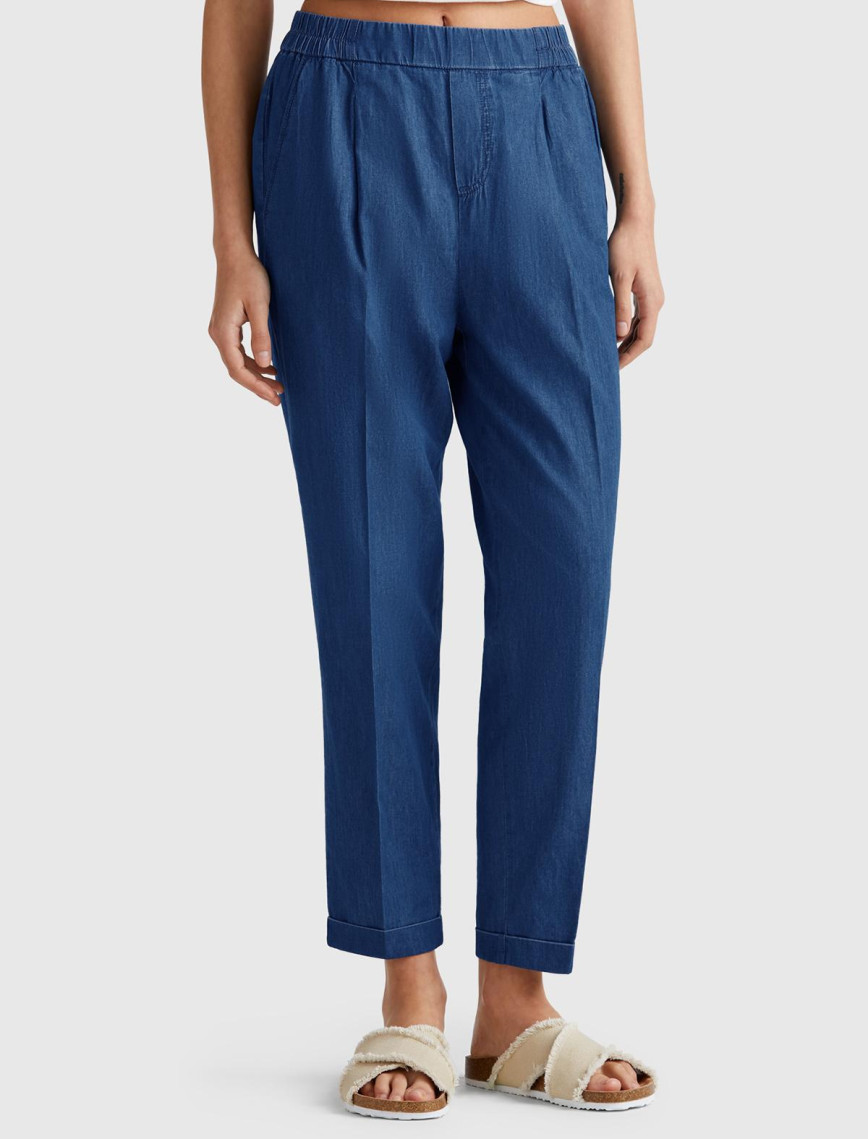 Kadın Koyu Mavi %100 Koton Beli Lastikli Şamre Pantolon Kadın Koyu Mavi %100 Koton Beli Lastikli Şamre Pantolon