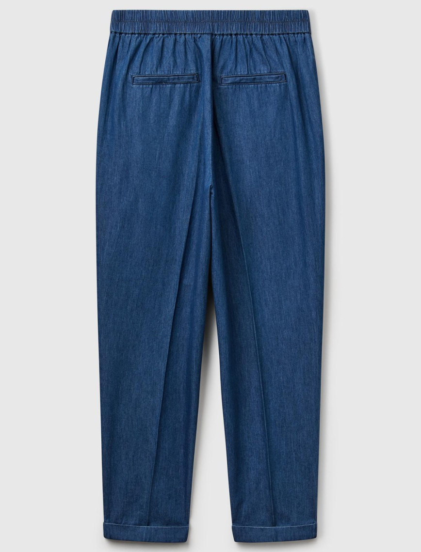 Kadın Koyu Mavi %100 Koton Beli Lastikli Şamre Pantolon Kadın Koyu Mavi %100 Koton Beli Lastikli Şamre Pantolon