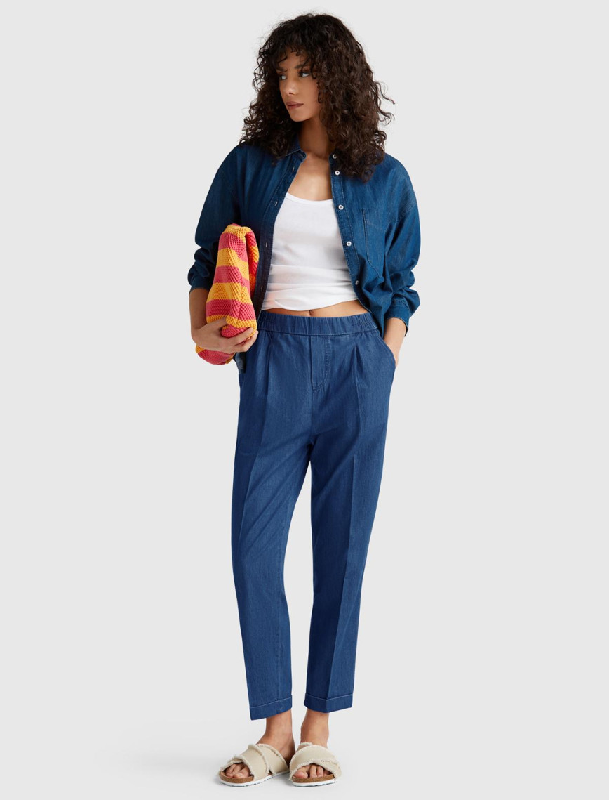 Kadın Koyu Mavi %100 Koton Beli Lastikli Şamre Pantolon Kadın Koyu Mavi %100 Koton Beli Lastikli Şamre Pantolon