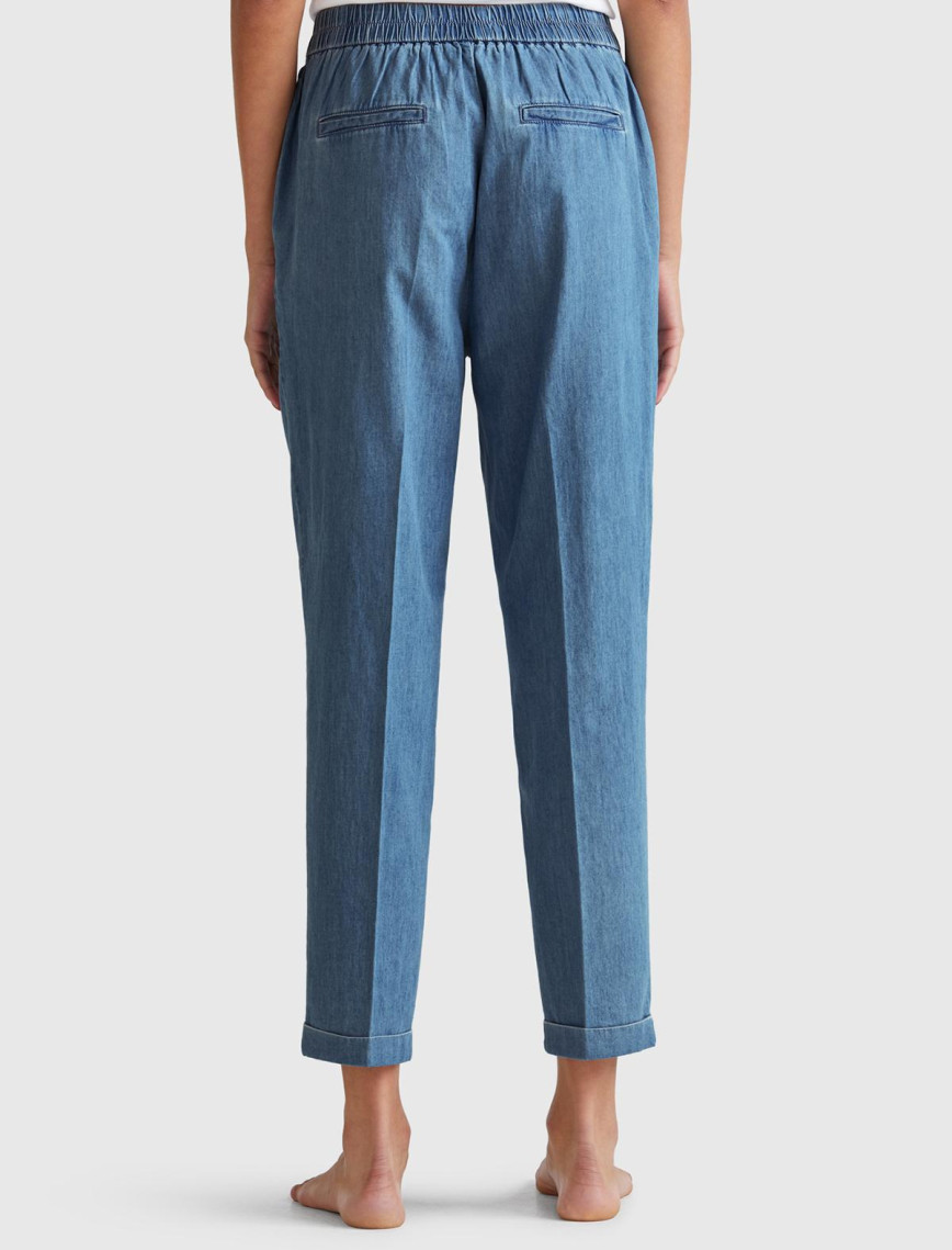 Kadın Açık Mavi %100 Koton Beli Lastikli Şamre Pantolon Kadın Açık Mavi %100 Koton Beli Lastikli Şamre Pantolon