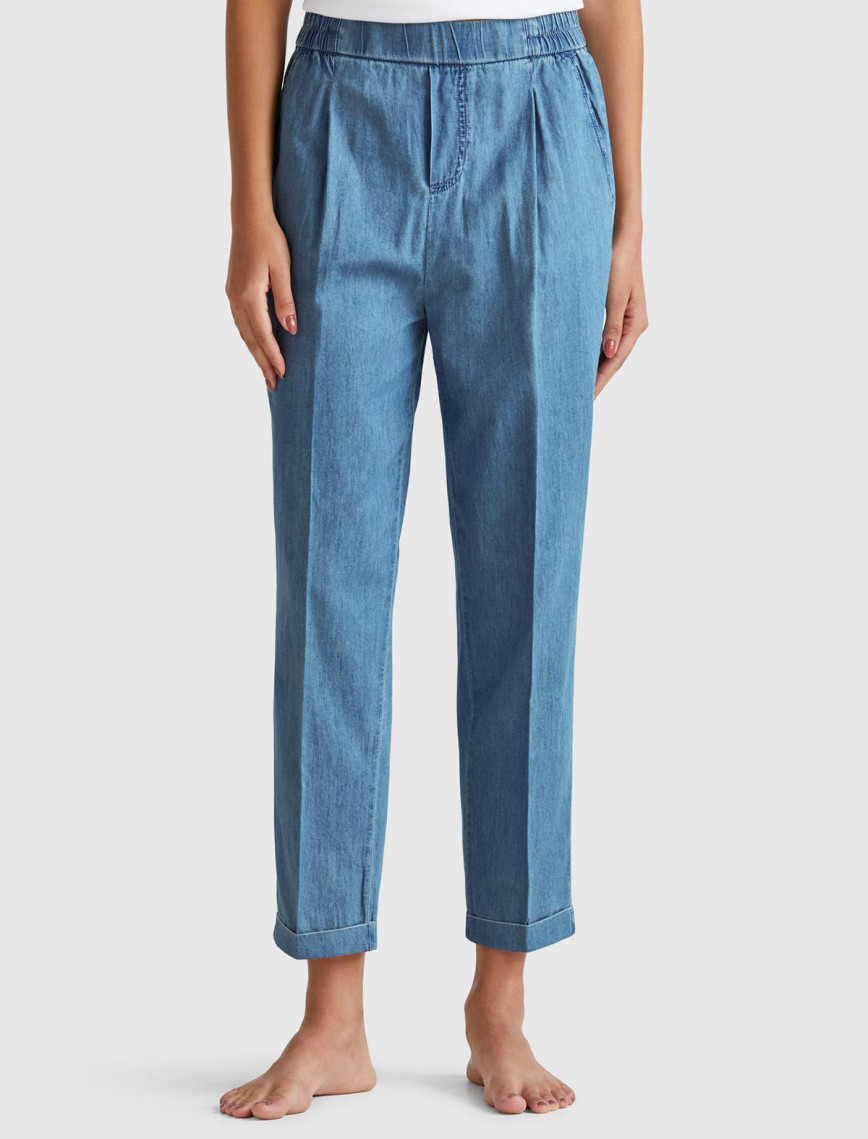 Kadın Koyu Mavi %100 Koton Beli Lastikli Şamre Pantolon Kadın Koyu Mavi %100 Koton Beli Lastikli Şamre Pantolon