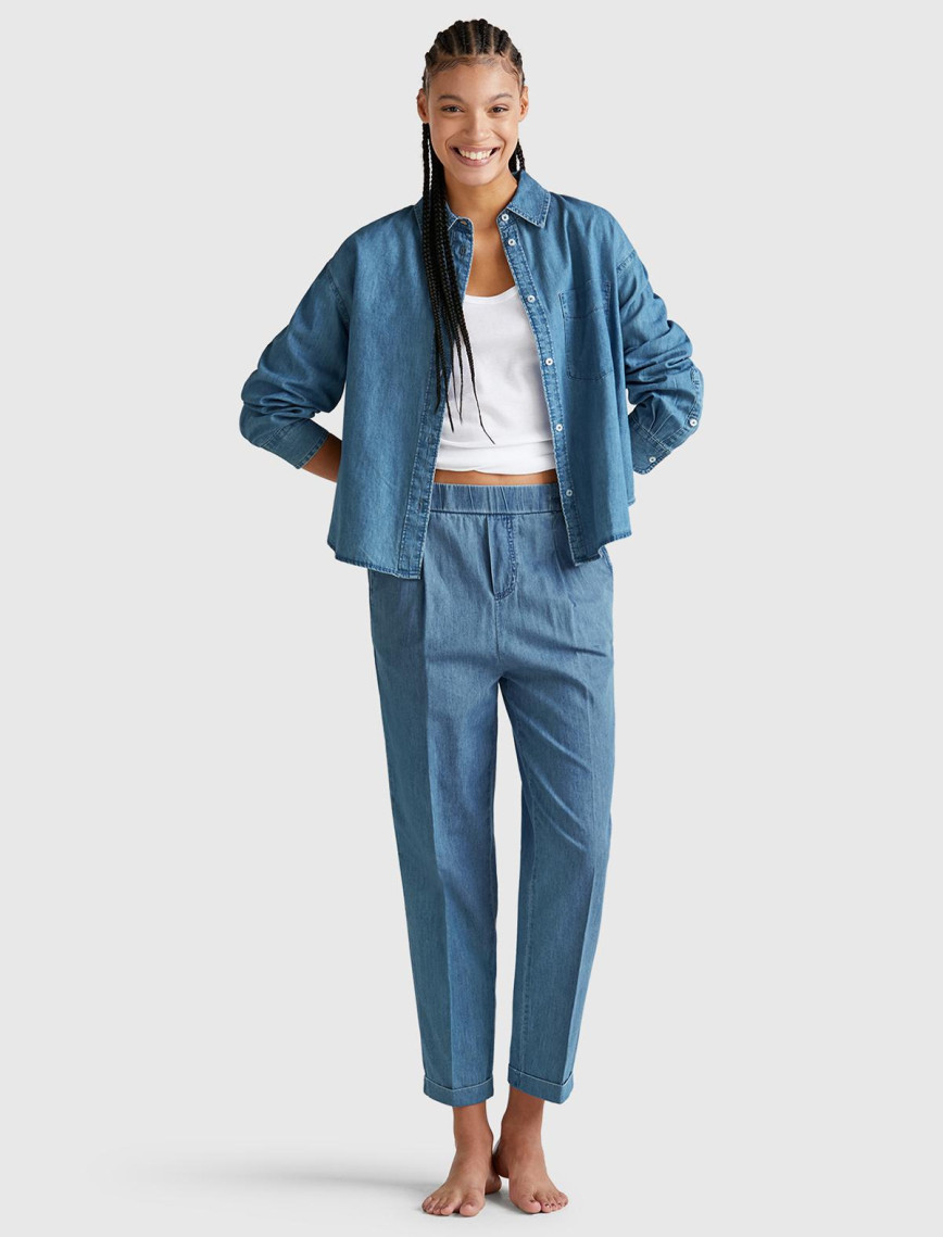 Kadın Açık Mavi %100 Koton Beli Lastikli Şamre Pantolon Kadın Açık Mavi %100 Koton Beli Lastikli Şamre Pantolon