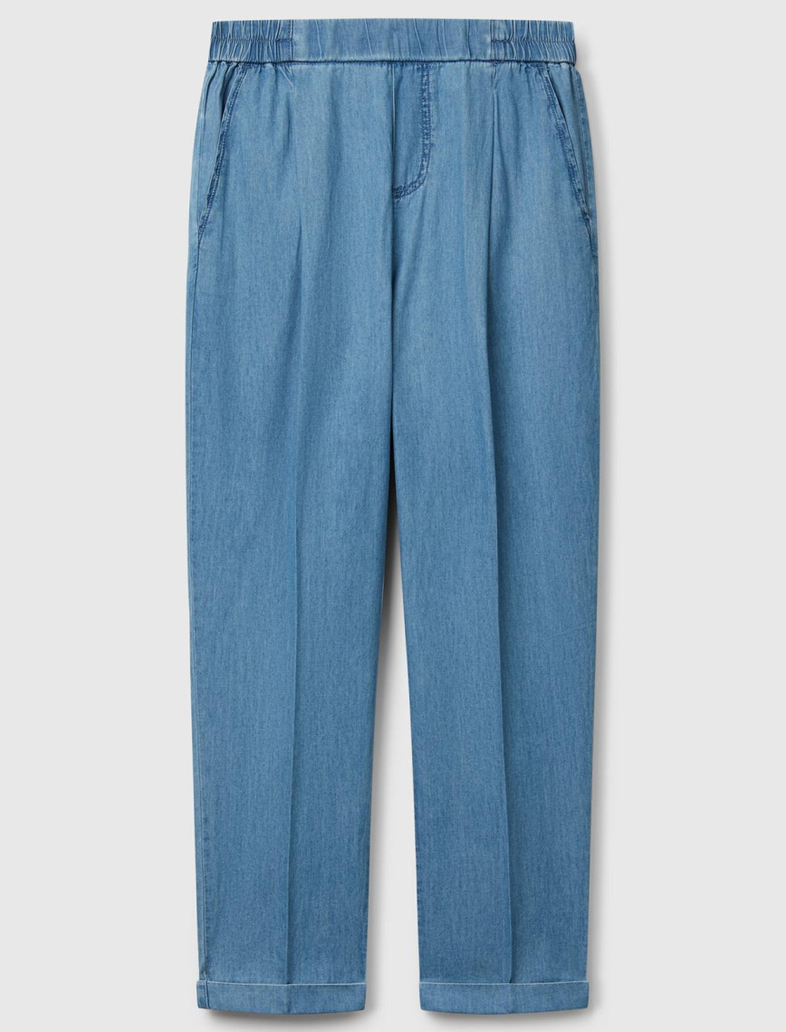 Kadın Açık Mavi %100 Koton Beli Lastikli Şamre Pantolon Kadın Açık Mavi %100 Koton Beli Lastikli Şamre Pantolon