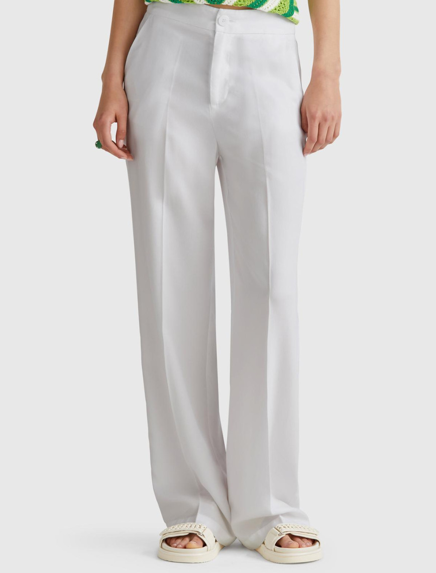 Kadın Beyaz %100 Liyosel Beli Lastikli Düz Paça Pantolon Kadın Beyaz %100 Liyosel Beli Lastikli Düz Paça Pantolon