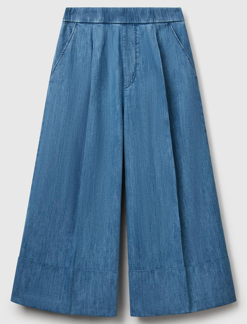 Kadın Açık Mavi Kenevir Karışımlı Beli Lastikli Kısa Bol Paça Denim Pantolon Kadın Açık Mavi Kenevir Karışımlı Beli Lastikli Kısa Bol Paça Denim Pantolon