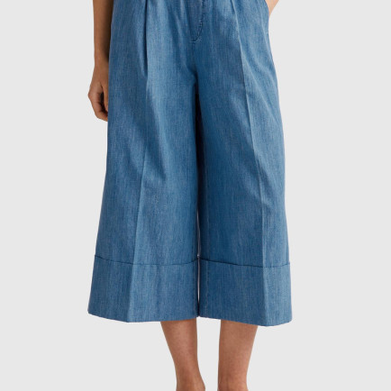 Kadın Açık Mavi Kenevir Karışımlı Beli Lastikli Kısa Bol Paça Denim Pantolon Kadın Açık Mavi Kenevir Karışımlı Beli Lastikli Kısa Bol Paça Denim Pantolon