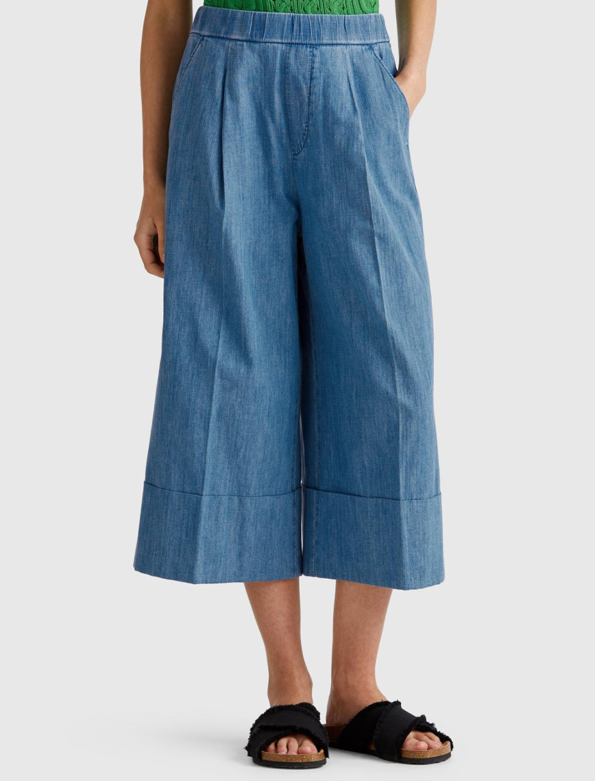 Kadın Açık Mavi Kenevir Karışımlı Beli Lastikli Kısa Bol Paça Denim Pantolon Kadın Açık Mavi Kenevir Karışımlı Beli Lastikli Kısa Bol Paça Denim Pantolon