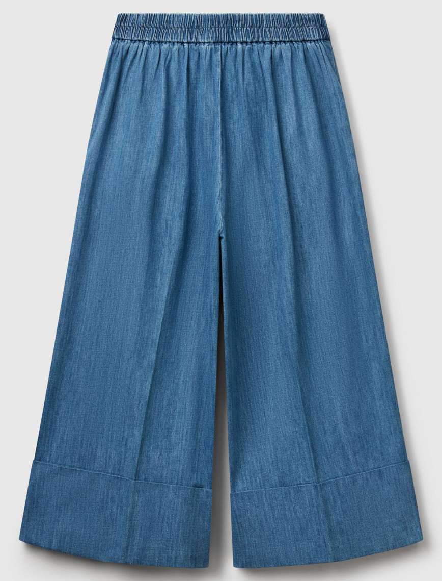 Kadın Açık Mavi Kenevir Karışımlı Beli Lastikli Kısa Bol Paça Denim Pantolon Kadın Açık Mavi Kenevir Karışımlı Beli Lastikli Kısa Bol Paça Denim Pantolon