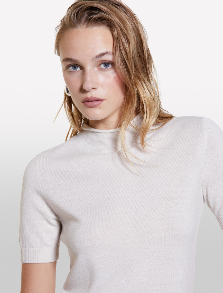 Kadın Bej Yün Karışımlı Yarım Kollu Balıkçı Yaka Kazak