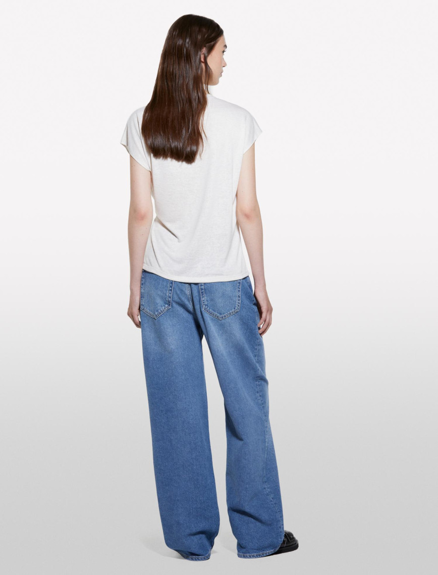 Kadın Kırık Beyaz Viskoz Karışımlı Önü Bağlama Detaylı Regular Fit T-Shirt