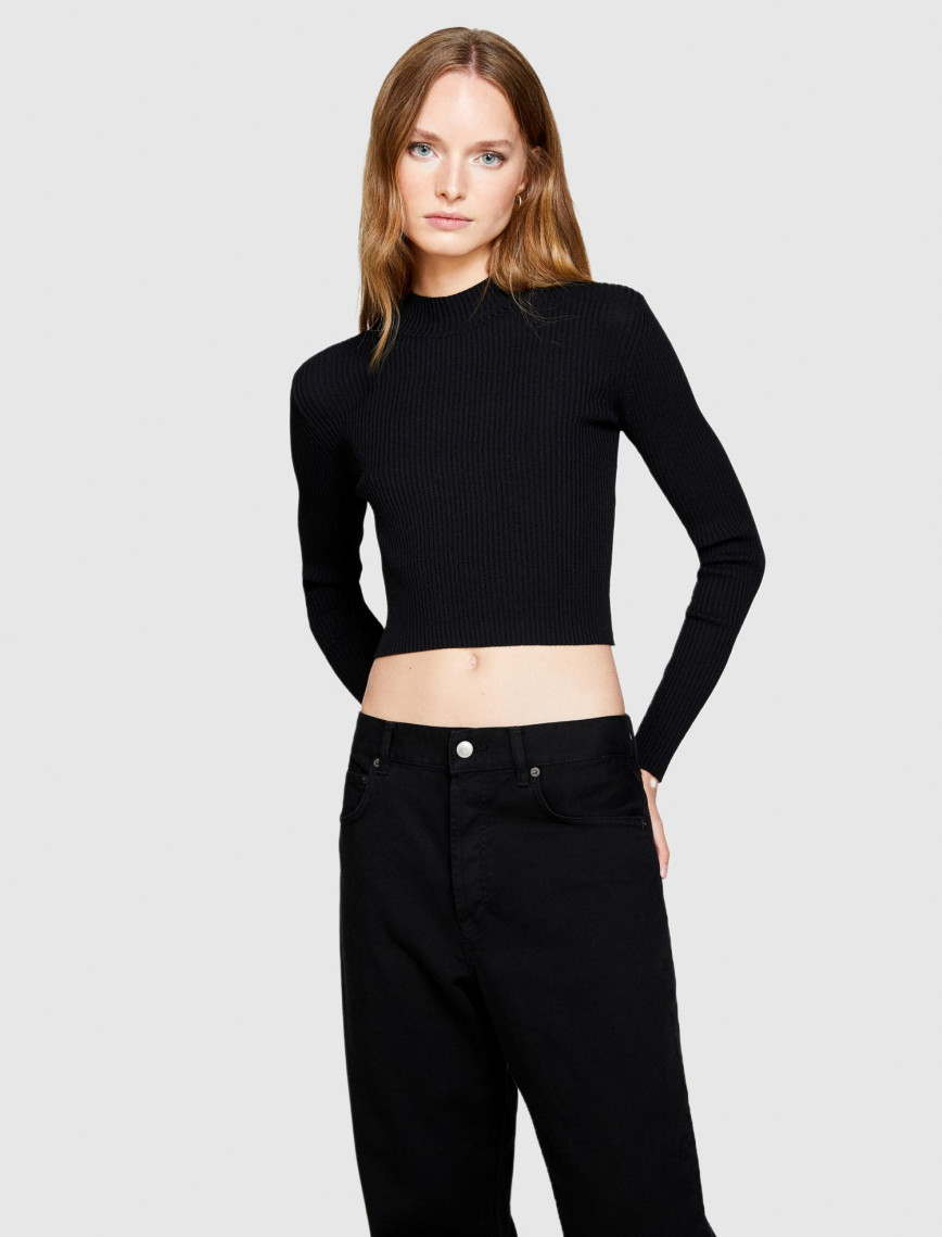 Kadın Siyah Poliviskoz Balıkçı Yaka Crop Kazak Kadın Siyah Poliviskoz Balıkçı Yaka Crop Kazak