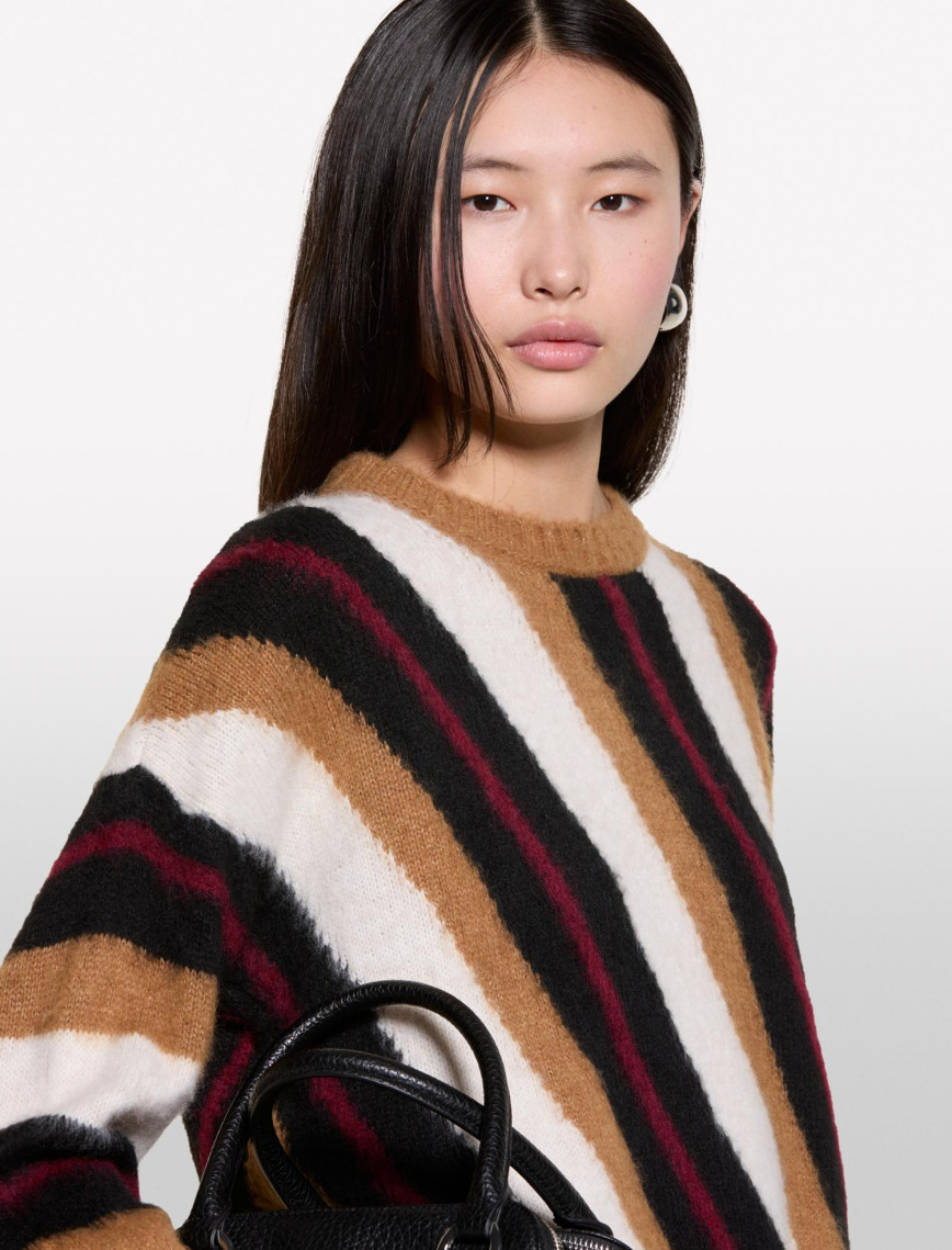 Kadın Kahverengi Mix Yün Karışımlı Renk Detaylı Normal Kesim Bisiklet Yaka Kazak