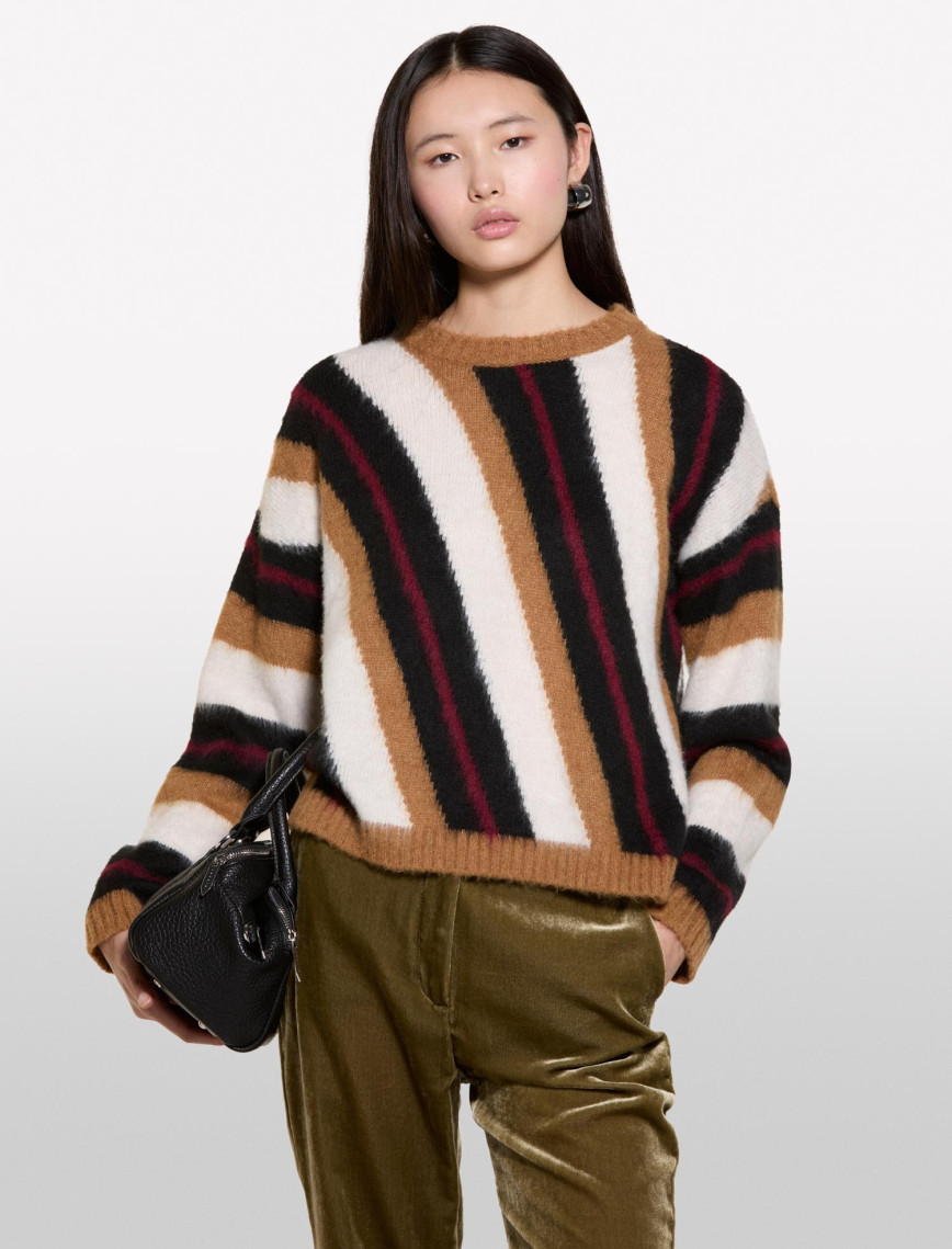 Kadın Kahverengi Mix Yün Karışımlı Renk Detaylı Normal Kesim Bisiklet Yaka Kazak