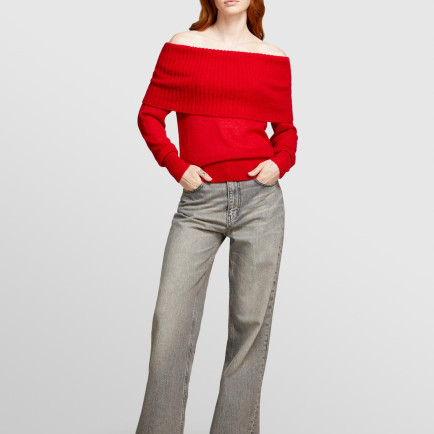 Kadın Kırmızı Alpaka Karışımlı Normal Kesim Kayık Yaka Düz Örgü Kazak