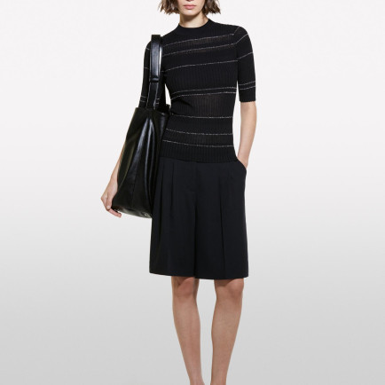 Kadın Gri Çizgili Viskoz ve Pamuk Karışımlı Çizgi Detaylı Truvakar Kol Kazak