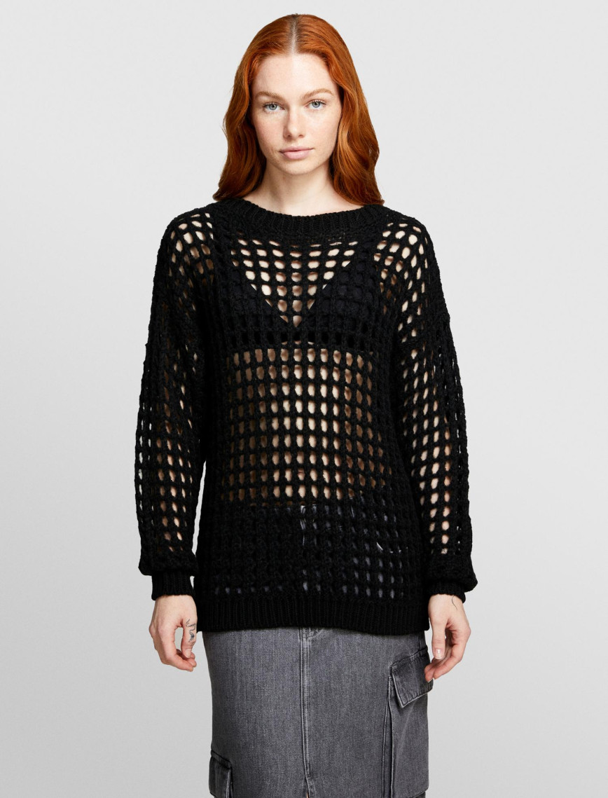 Kadın Siyah Yün Karışımlı Delik Detaylı Oversize Kazak Kadın Siyah Yün Karışımlı Delik Detaylı Oversize Kazak