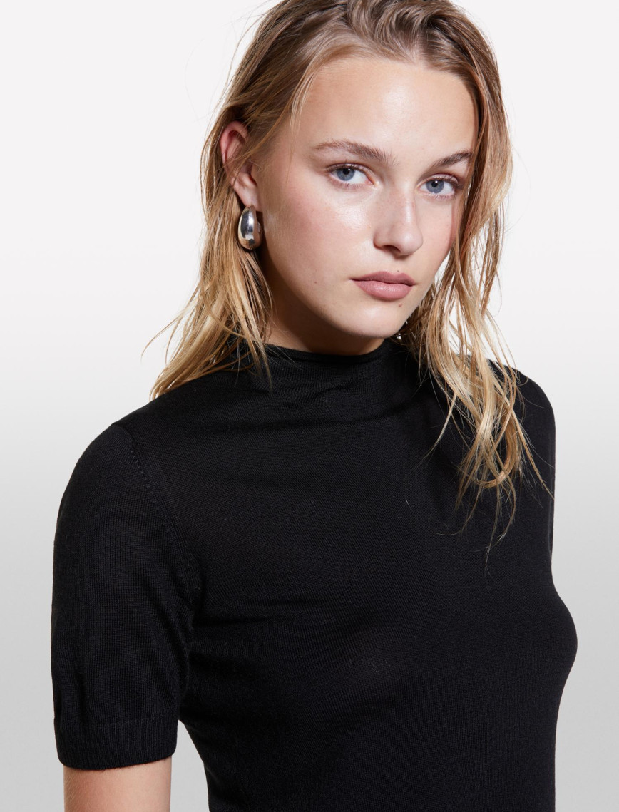 Kadın Siyah Yün Karışımlı Yarım Kollu Balıkçı Yaka Kazak