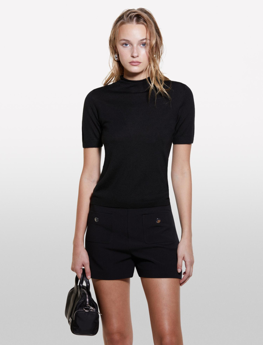 Kadın Siyah Yün Karışımlı Yarım Kollu Balıkçı Yaka Kazak