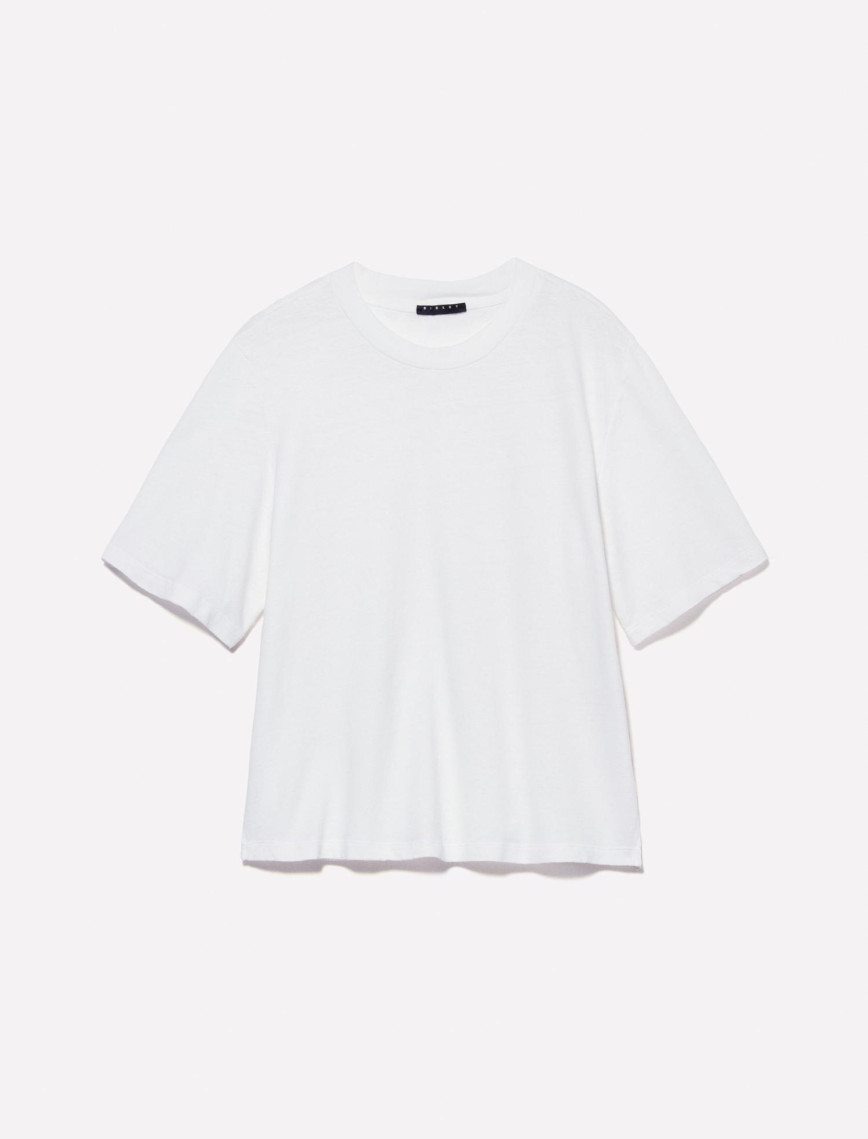 Kadın Kırık Beyaz Keten Karışımlı Bisiklet Yaka T-Shirt