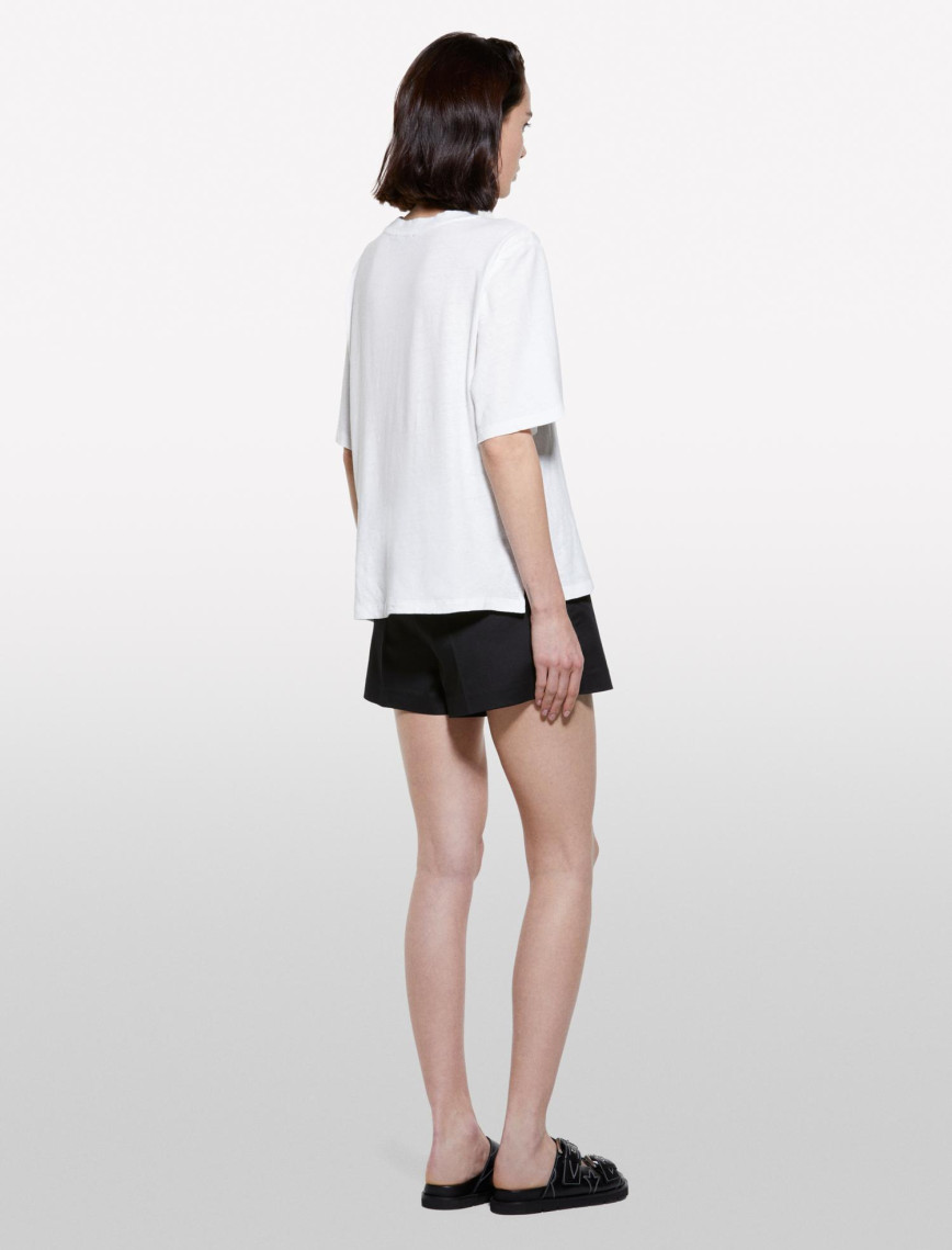 Kadın Kırık Beyaz Keten Karışımlı Bisiklet Yaka T-Shirt