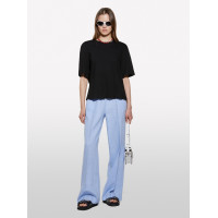 Kadın Siyah Keten Karışımlı Bisiklet Yaka T-Shirt