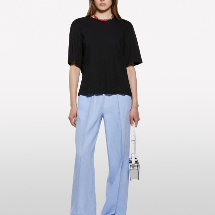 Kadın Siyah Keten Karışımlı Bisiklet Yaka T-Shirt