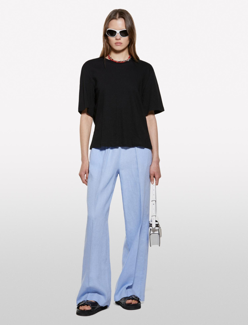 Kadın Siyah Keten Karışımlı Bisiklet Yaka T-Shirt