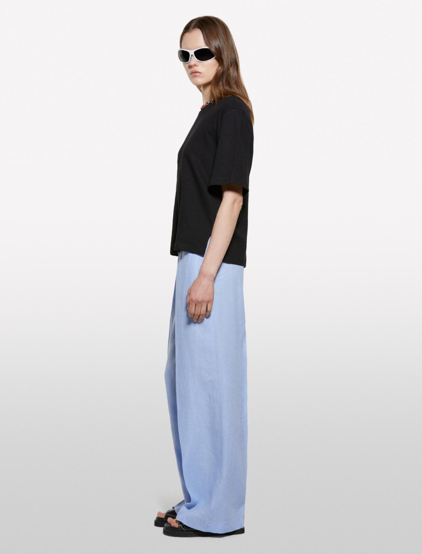 Kadın Siyah Keten Karışımlı Bisiklet Yaka T-Shirt