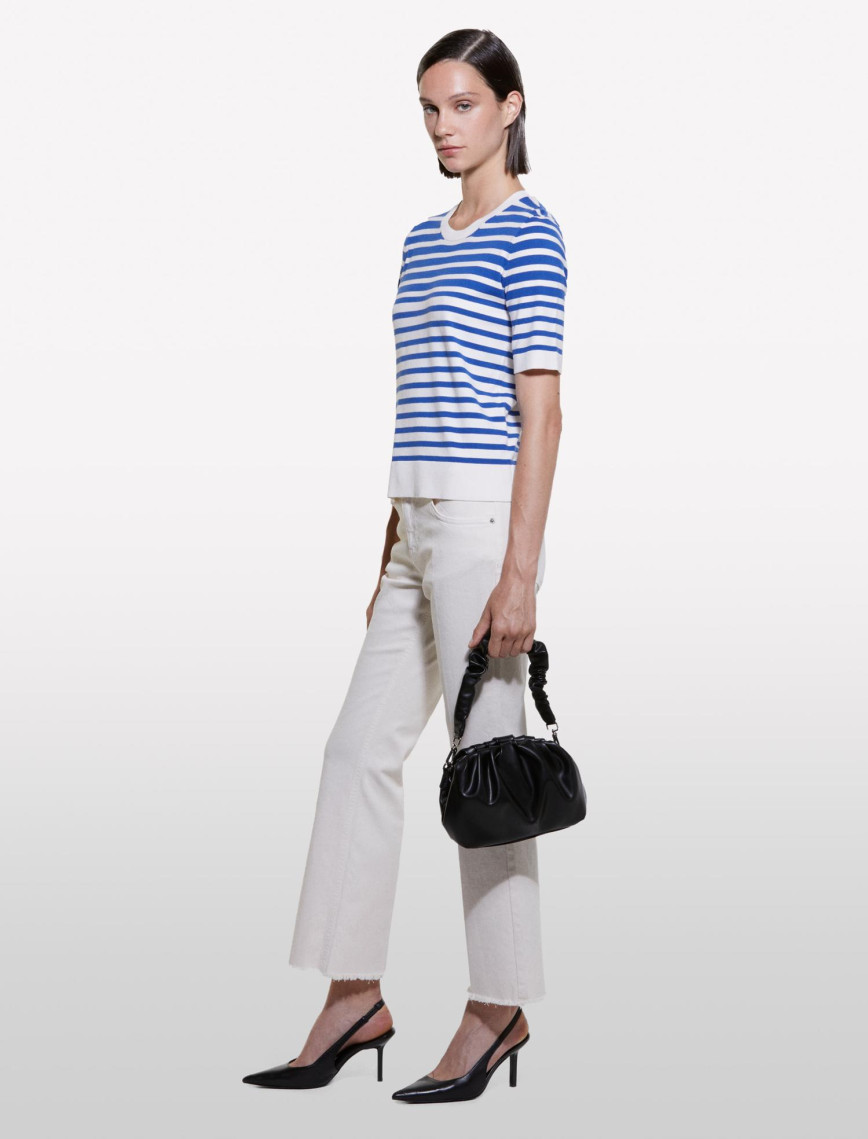 Kadın Mavi Çizgili Viskoz Karışımlı Çizgili Bisiklet Yaka Kısa Kollu Kazak Kadın Mavi Çizgili Viskoz Karışımlı Çizgili Bisiklet Yaka Kısa Kollu Kazak